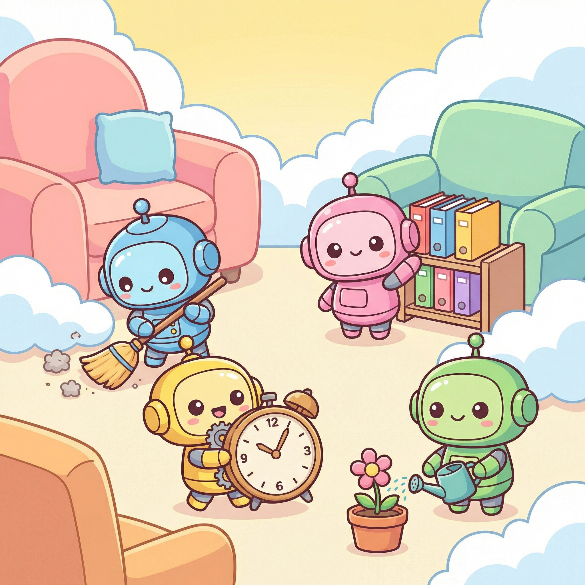 Cute helper robots doing chores