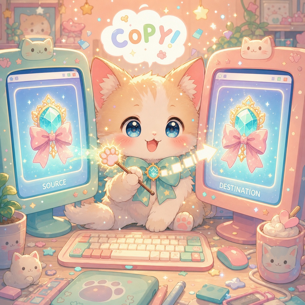 Chibi cat magically copying glowing item between two computers