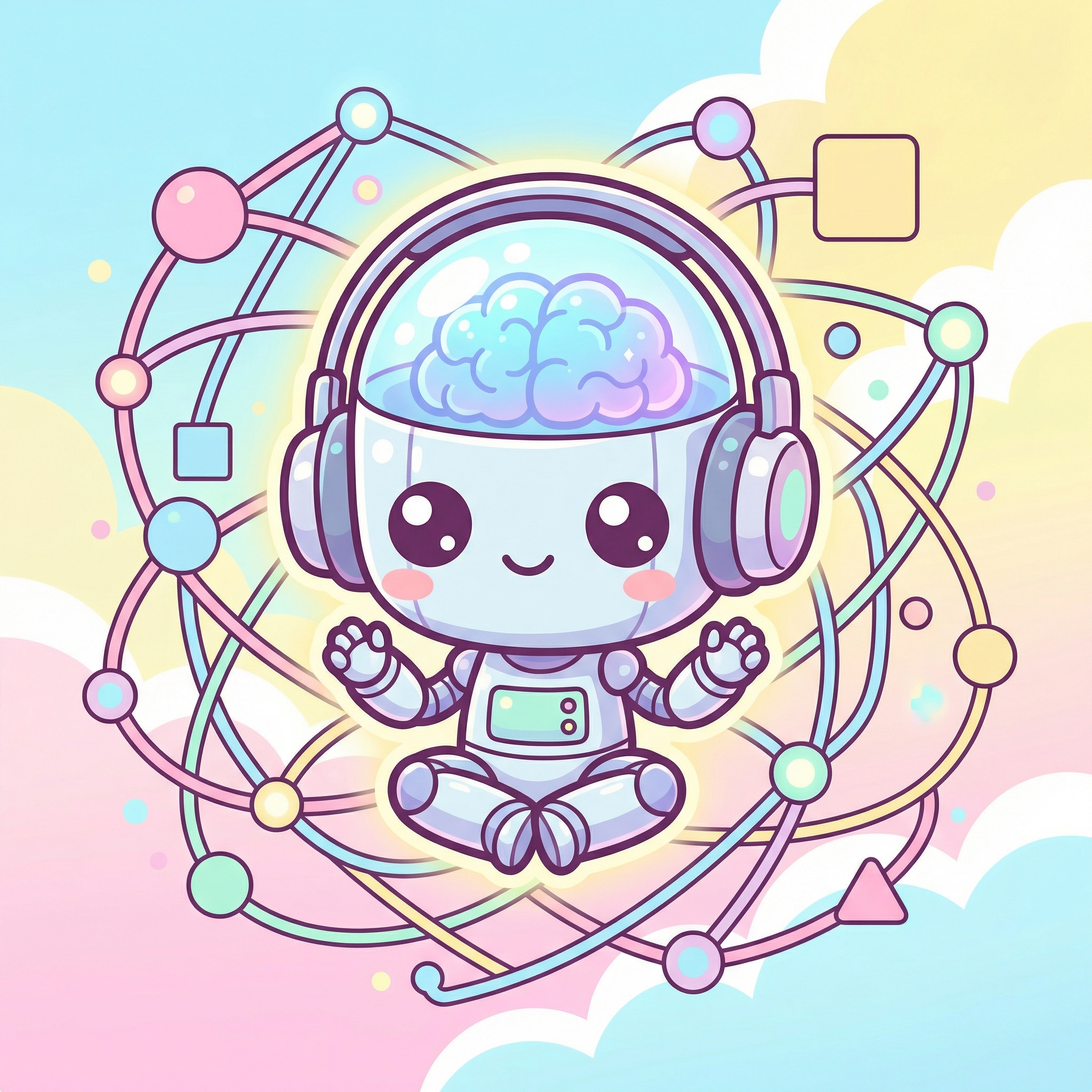 Cute robot brain with headphones