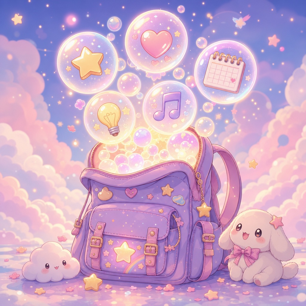 Magical glowing backpack with memory bubbles