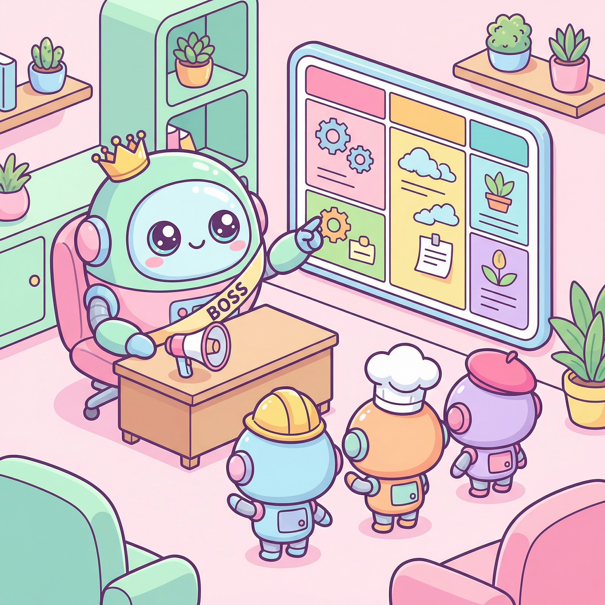 Boss robot at desk with workers