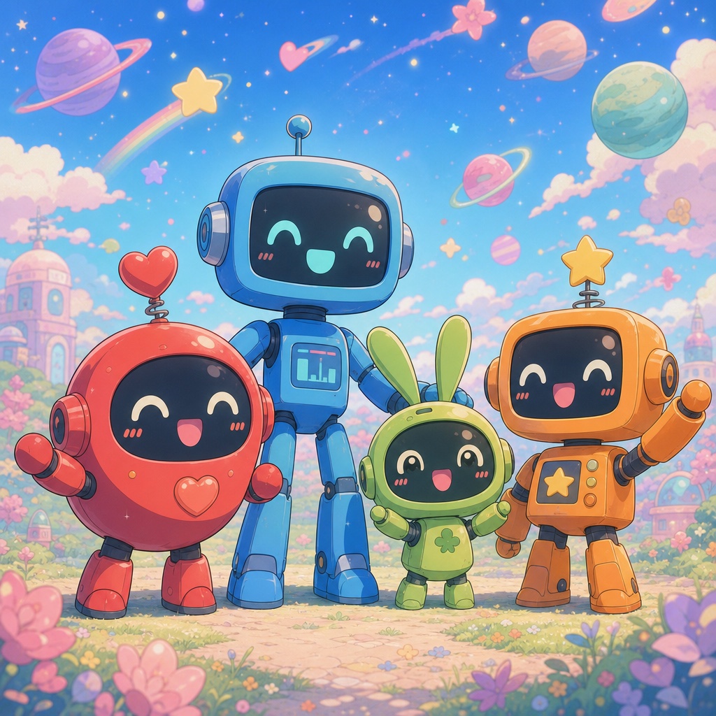 Four cute chibi robots from different planets standing together