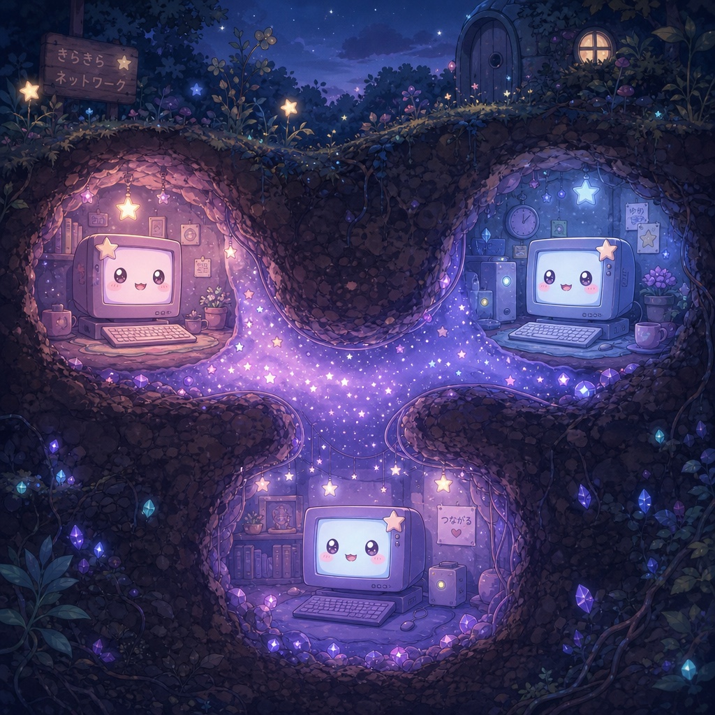 Magical glowing tunnel between three chibi computers